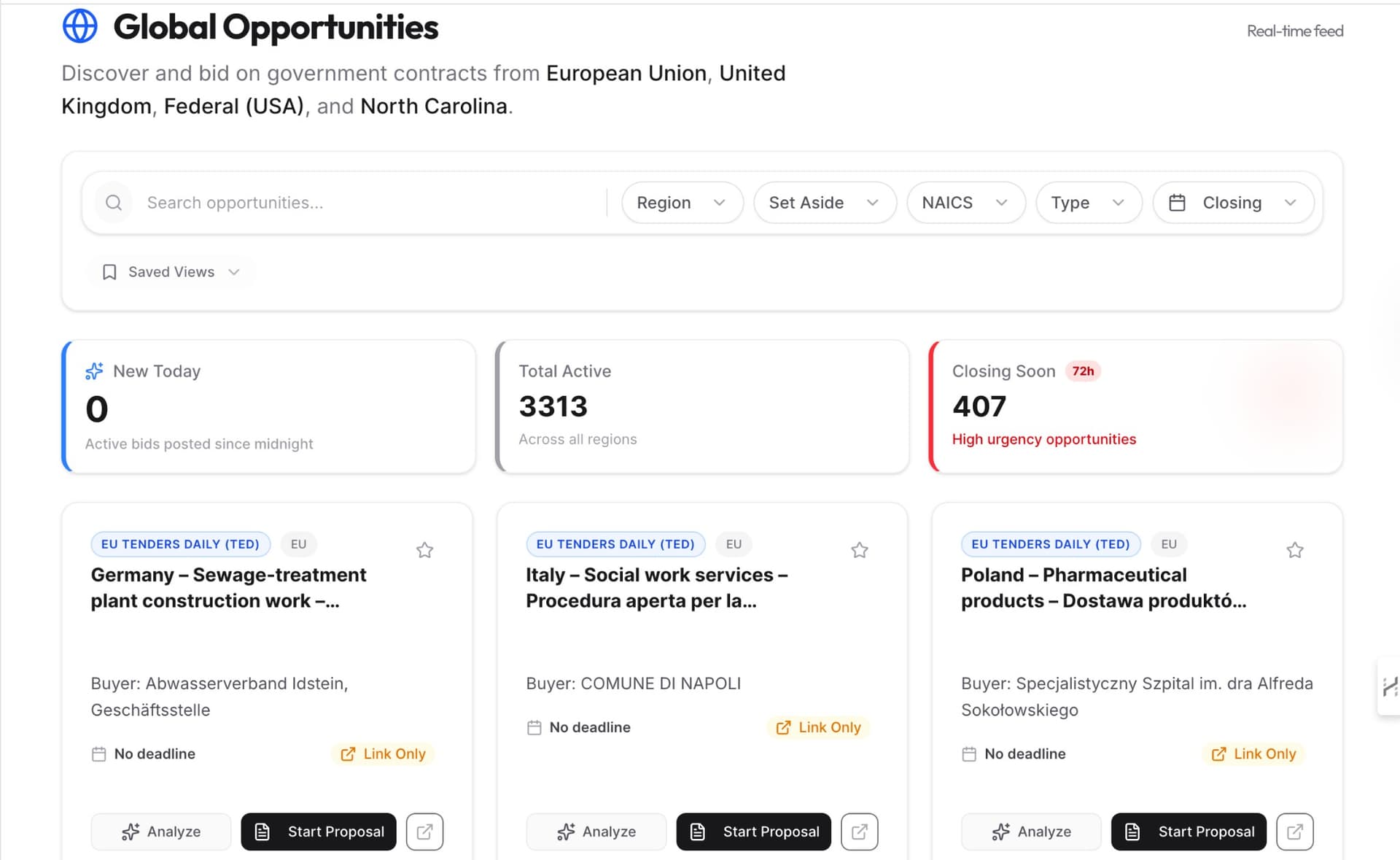 Velocibid Opportunity Finder showing government RFP listings